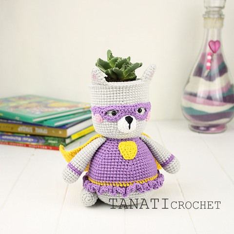 Crochet flower pot cat superhero